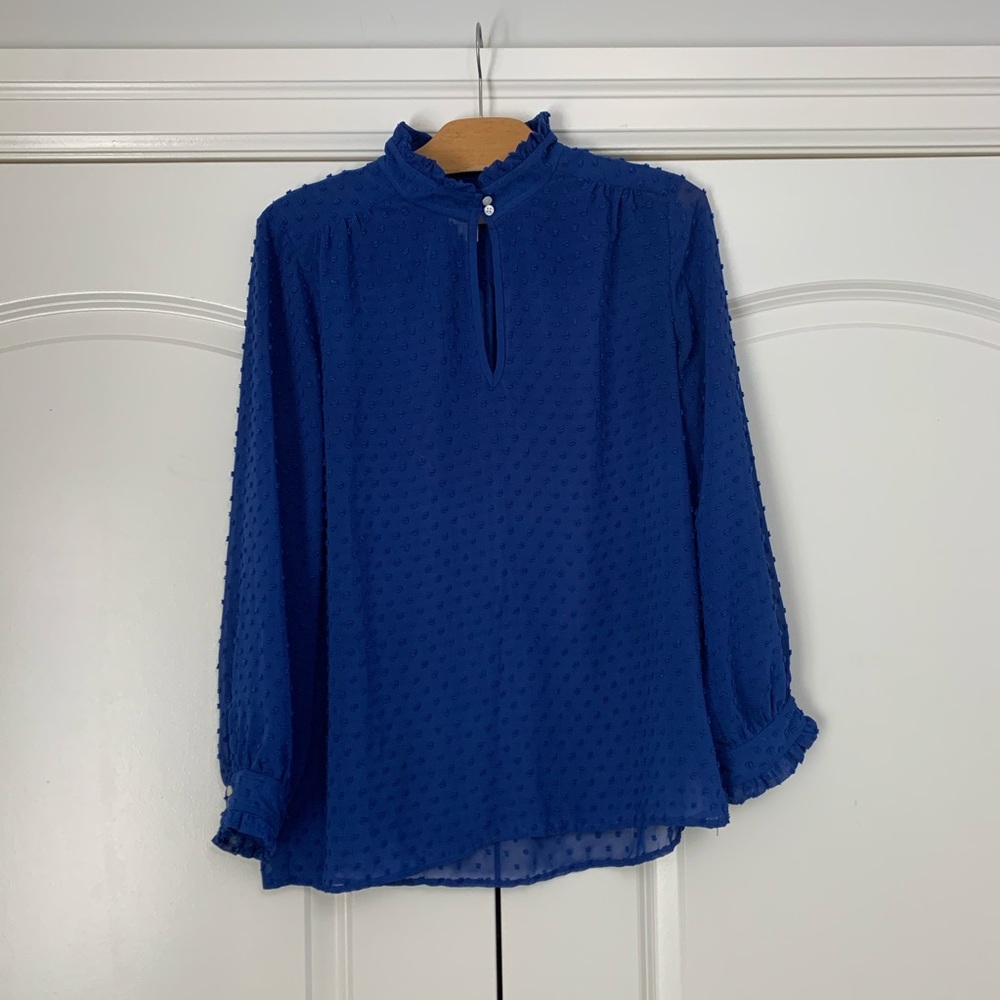 ❤️J Crew Blue Ruffle Mock Neck Collar Blouse 8